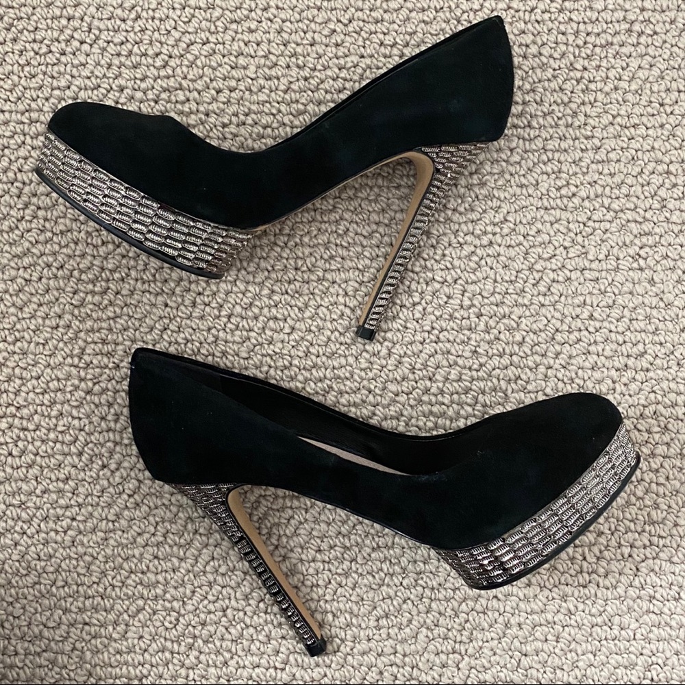 Vince Camuto black suede metallic platform pumps
